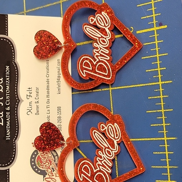 Bride Red Heart 2.25" Resin Earrings - Picture 1 of 2